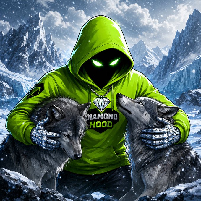 Digital artwork of a hooded figure with glowing green eyes wearing a "DIAMOND HOOD" shirt, flanked by two wolves in a snowy mountain landscape.