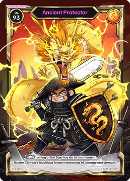 A trading card titled 'Ancient Protector' labeled Lv. 93, depicting a samurai warrior with a sword and shield alongside a golden dragon.