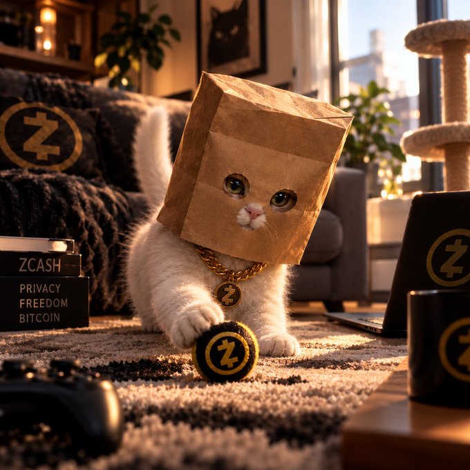A white cat wearing a cardboard box on its head and Zcash-themed accessories, surrounded by Zcash logos and the words “ZCASH,” “PRIVACY,” “FREEDOM,” and “BITCOIN.”