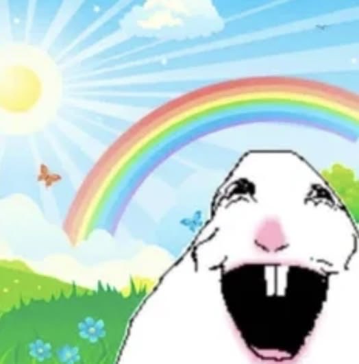 A cartoon hamster or gerbil with an exaggerated wide-open mouth and visible teeth, set against a whimsical background with a rainbow, sun, and butterflies.