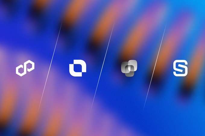 A stylized graphic displays four white digital icons on a blurred purple and orange background, representing different blockchain platforms associated with the Mento Labs FX protocol announcement. The icons appear to symbolize on-chain currency, a transaction system, layered networks, and a stablecoin—visually reinforcing the launch of the USDm/EURm pool powered by Polygon and partner integrations.
