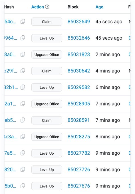 A screenshot of a blockchain transaction history interface displaying columns for Hash, Action (Claim, Level Up, Upgrade Office), Block number, and Age in a list format.