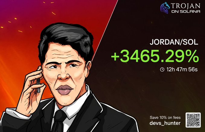 A stylized illustration of a man in a suit on a phone appears alongside promotional text for "TROJAN ON SOLANA," highlighting a JORDAN/SOL gain of +3465.29% in 12h 47m 56s and a discount code "devs_hunter." The image's promotional, hype-driven tone contrasts sharply with the post's warning that $CAPY is another bundled-supply scam to avoid.