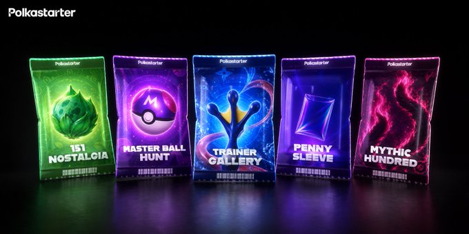 The image displays five colorful Polkastarter trading card packs labeled "151 Nostalgia," "Master Ball Hunt," "Trainer Gallery," "Penny Sleeve," and "Mythic Hundred," each featuring unique Pokémon-themed artwork in vibrant green, purple, blue, and pink hues. These packs illustrate the rewards users can earn through the staking Opening Event mentioned in the post, where staking on Base provides up to 500 free packs per month along with milestone quests and instant credit withdrawal.