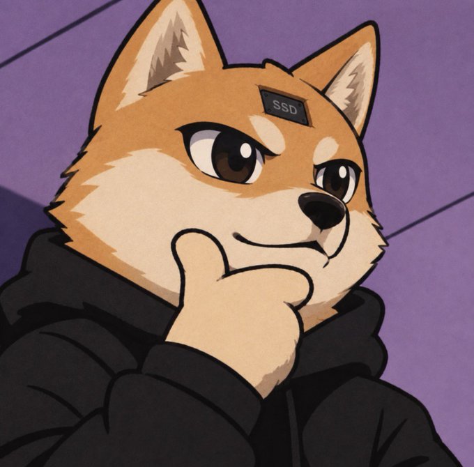 An anime-style illustration of an anthropomorphic Shiba Inu dog wearing a black hoodie and an 'SSD' label on its forehead, posed with a hand on its chin in a thoughtful gesture against a purple background.