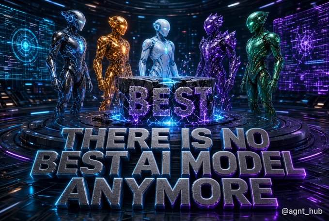 Five futuristic AI robots of different colors stand in a high-tech environment with the text "THERE IS NO BEST AI MODEL ANYMORE" and "BEST" displayed prominently, watermarked @agnt_hub.