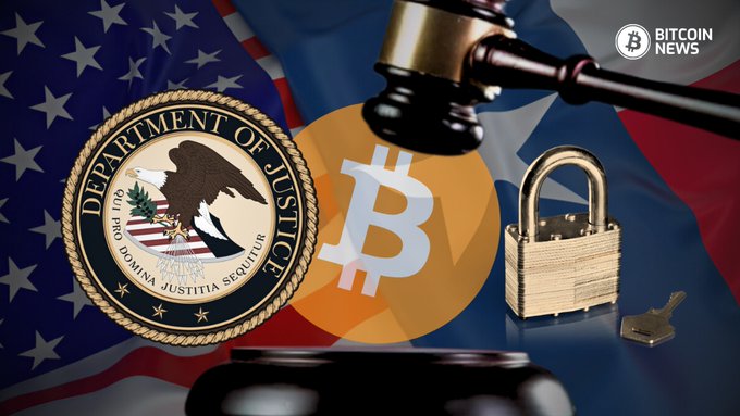A Bitcoin News image displays the Department of Justice seal, a Bitcoin symbol, and a padlock set against an American flag with a judge's gavel, visually representing the U.S. federal government's legal crackdown on cryptocurrency-linked crimes like the Chernyshov brothers' alleged darknet fentanyl pill operation.
