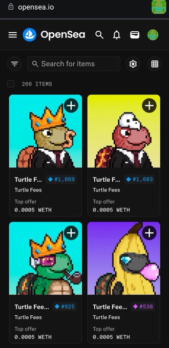 A mobile screenshot of the OpenSea.io website (opensea.io) showing a grid of 'Turtle Fees' NFT items priced at 0.0005 WETH each.