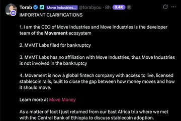 A tweet from Torab (@torabyou), CEO of Move Industries, clarifying that MVMT Labs filed for bankruptcy with no affiliation to Move Industries, while announcing Movement as a new "global fintech company with access to live, licensed stablecoin rails." The image contrasts the post's criticism of Movement Labs' rapid rise and bankruptcy with the CEO's clarification that Move Industries is a separate entity building new fintech infrastructure.