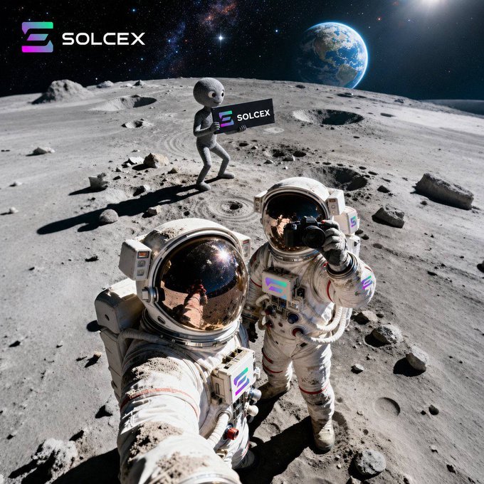 Two astronauts in spacesuits stand on the lunar surface with Earth visible in the background, while a small alien holds a sign displaying the "SOLCEX" logo and brand name. The image playfully invites viewers to join the Solcex community, personified by the friendly extraterrestrial extending a cosmic greeting.