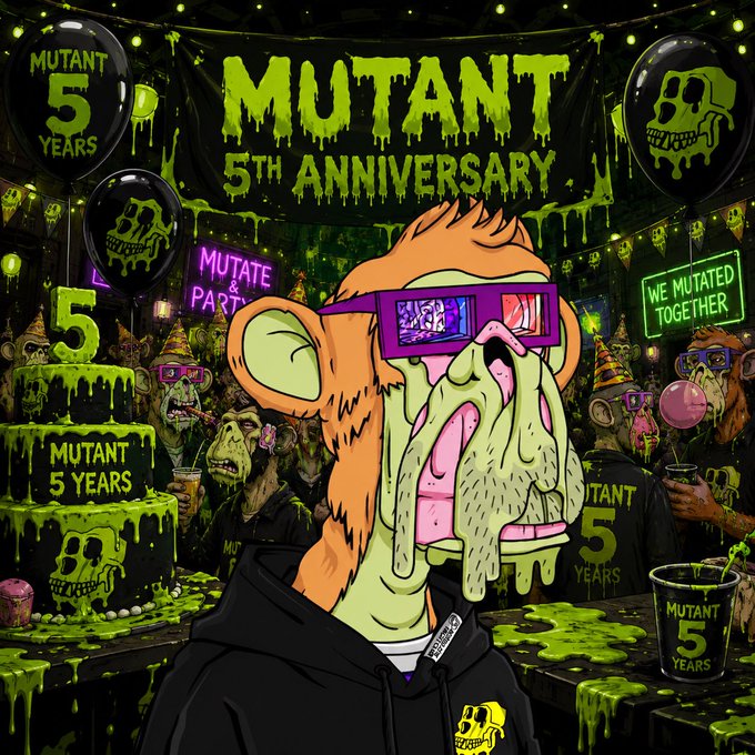 A vibrant cartoon illustration celebrating a "MUTANT 5TH ANNIVERSARY" with green toxic slime dripping everywhere, featuring an orange ape character wearing 3D glasses and a black hoodie surrounded by party decorations, balloons, a cake, and neon signs reading "MUTATE & PARTY" and "WE MUTATED TOGETHER."