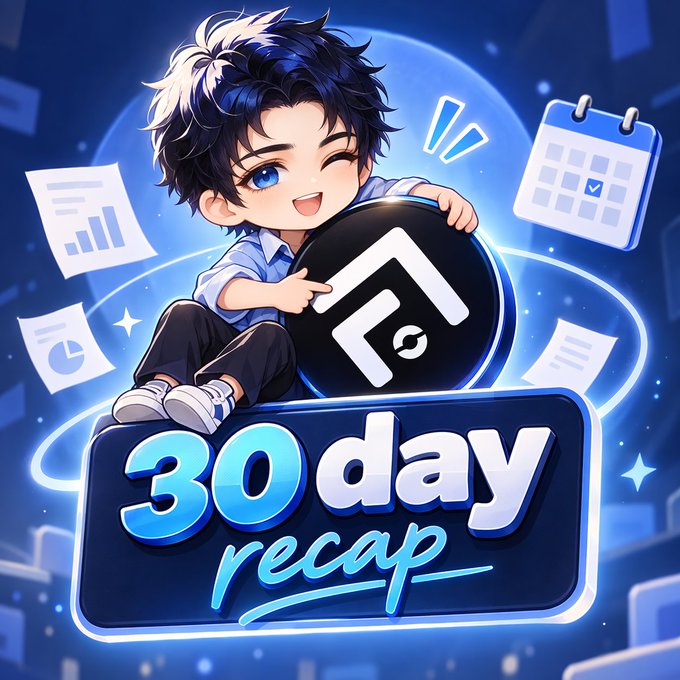 A chibi-style anime character winking and holding a black logo emblem, with "30 day recap" text below and floating documents and a calendar in the blue background.