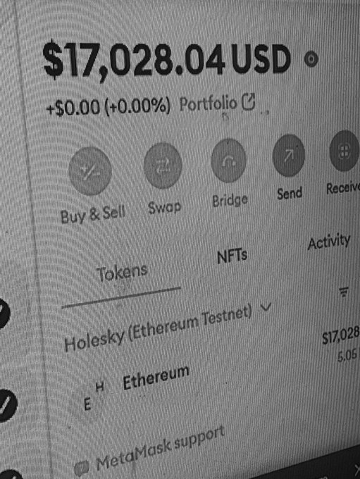 A close-up photo of a screen showing a MetaMask wallet interface displaying a balance of $17,028.04 USD on the Holesky Ethereum Testnet.