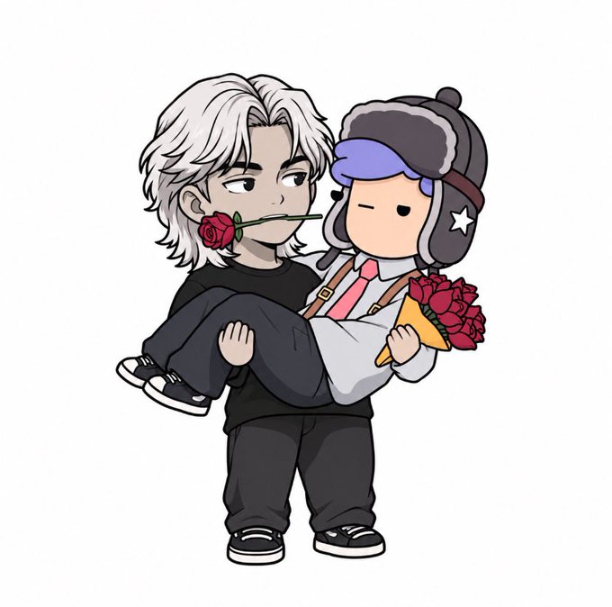 A cartoon-style drawing showing a boy with white hair carrying a person wearing a large grey ushanka hat, with the boy holding a rose in his mouth and the other person holding a bouquet.