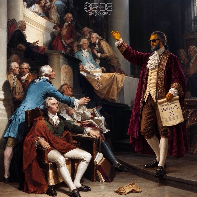 The image, styled after the famous "Give me liberty or give me death" painting, depicts a revolutionary figure passionately delivering a speech while holding a document labeled "The Daily Chronicle: $589 by GOV," with "$589 ON XRP" displayed at the top—cleverly tying the historical call for freedom to a rallying cry for XRP's price target.