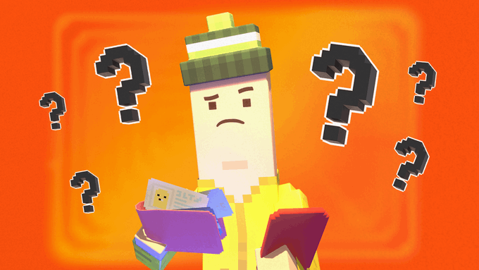 Voxel-style illustration of a confused blocky character with a green hat surrounded by question marks, looking at a stack of cards.