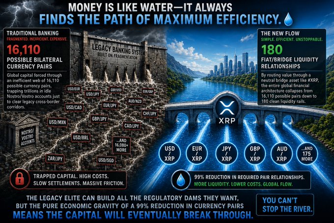 The image is a financial infographic titled "MONEY IS LIKE WATER—IT ALWAYS FINDS THE PATH OF MAXIMUM EFFICIENCY," contrasting the "Legacy Banking System" (left side, showing 16,110 fragmented currency pairs like USD/EUR, GBP/JPY, and ZAR/JPY trapped in Nostro/Vostro accounts) with "The New Flow" (right side, showing only 180 clean liquidity relationships routed through XRP, such as USD/XRP, EUR/XRP, and JPY/XRP). It emphasizes a 99% reduction in required pair relationships, with the slogan "YOU CAN'T STOP THE RIVER," illustrating how XRP collapses inefficient banking corridors into a streamlined bridge—just as water naturally flows toward the path of least resistance.