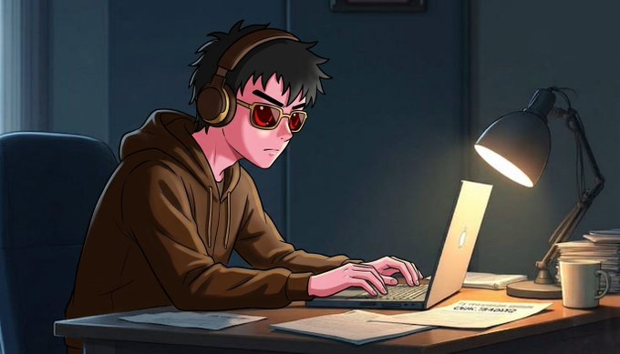 The image features a man sitting at a desk with his laptop open, wearing headphones and glasses while working or studying. The background shows a lamp providing light over the scene. The caption reads "I'M WORKING 15-16 HOURS A DAY 4 HOURS LEARNING 7-8 HOURS CT - Content - Engagement rest → Planning, Testing, Analyzing no motivation. Just routine I don't chase viral moments I build consistency I don'T CHASE VIRAL MEANING". The image seems to be a representation of the man's daily routine or work habits, with an emphasis on consistency and focus on his tasks rather than chasing trends or viral content.