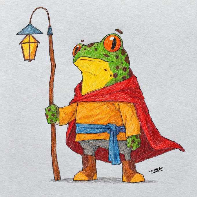 A watercolor and colored pencil illustration of an anthropomorphic frog adventurer wearing a red cape and orange tunic, holding a staff with a lantern.