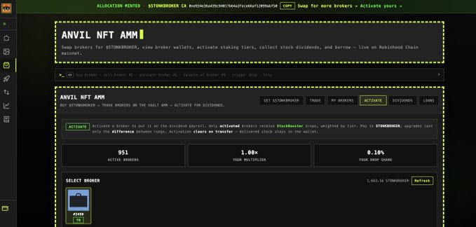 A screenshot of the Mobichain dashboard displaying "ANVIL NFT AMM" with statistics showing 951 active brokers, 1.00% total toilet fee, and 0.10% yield swap bonus, including options to get, trade, activate, and use dividends.
