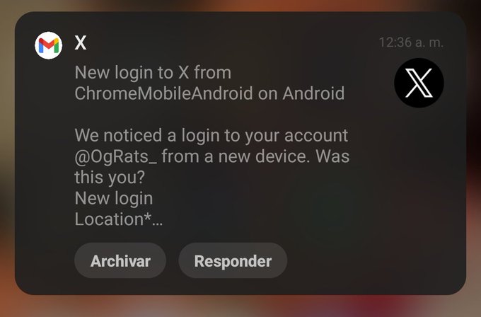 A mobile notification from X (formerly Twitter) at 12:36 a.m. alerts about a new login to account @OgRats_ from ChromeMobileAndroid on Android, with options to archive or respond in Spanish.