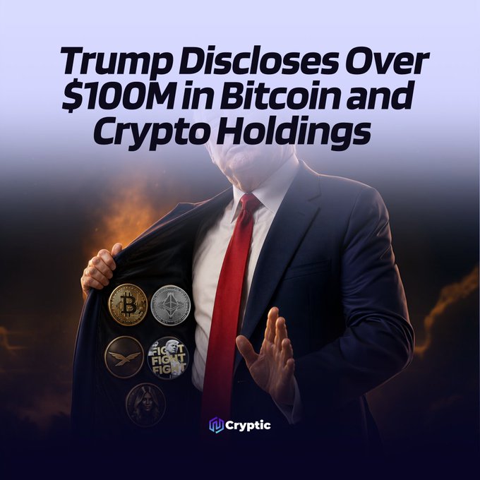 The image shows a man in a suit with a red tie revealing coins and tokens underneath, including Bitcoin and Ethereum, with the headline "Trump Discloses Over $100M in Bitcoin and Crypto Holdings" and a "Cryptic" logo at the bottom, visually representing Trump's significant crypto portfolio as referenced in the accompanying post about his $1 billion in crypto-related revenue from memecoin royalties, NFT licensing, and World Liberty token sales.