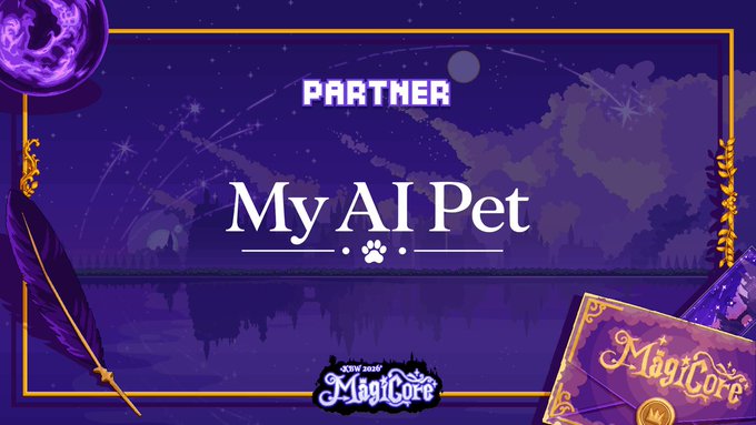 A purple-themed promotional banner for 'My AI Pet' as a partner of 'MagiCore', featuring pixel art style decorative elements like a quill, moon, and book.