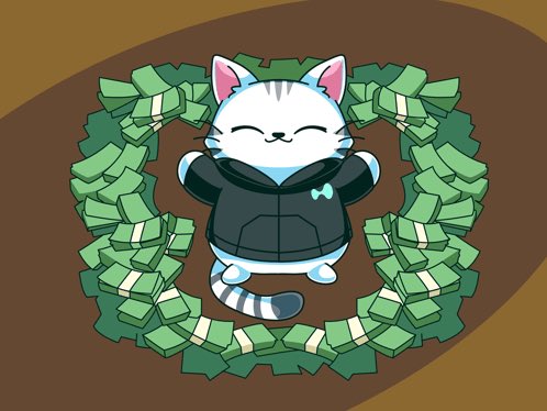 A cartoon white kitten in a black hoodie smiles contentedly while sitting inside a heart-shaped ring of green cash bundles. The image humorously relates to "Hyperliquid" (likely referring to the crypto protocol), symbolizing the abundance of liquid gains and financial satisfaction.