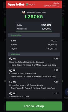 A mobile sports betting app screenshot from SportyBet Nigeria shows a betting slip titled 'L280k5' with an Odds value of 555.63 and various soccer match selections.