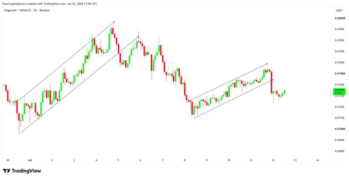A DOGEUSDT 2-hour candlestick chart from Binance (created July 12, 2024) displays a price range of approximately $0.0680–$0.0800 with ascending channel patterns drawn across both the late June/early July rally and the mid-July recovery, visually illustrating the liquidity trap where late bullish entries near $0.0790 were reversed by a sharp selloff.