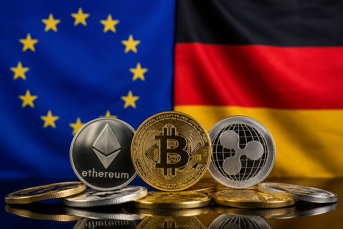 Physical representations of Bitcoin, Ethereum (labeled 'ethereum'), and XRP cryptocurrencies are displayed in front of the European Union and German flags.