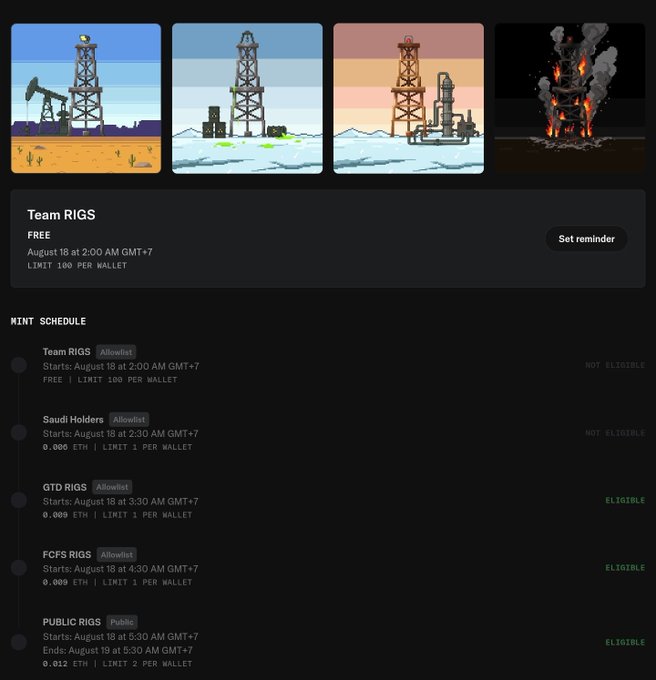 A pixel-art NFT mint schedule for "Team RIGS" displaying four rig illustrations, with the main mint opening August 18 at 2:00 AM GMT+7 (free, 100 per wallet), followed by subsequent allowlist and public phases on August 18-19 at 0.000 ETH. The image relates to the post by showing the mint timeline for TheSaudisNFT project, whose "Saudi Holders" allowlist slot begins at 2:30 AM GMT+7 with a 3-per-wallet limit.