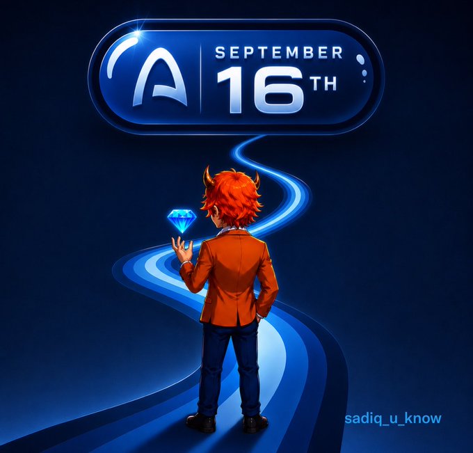 An anime-style character with orange hair and horns, wearing an orange blazer, holds a glowing blue diamond while walking along a winding blue path toward a banner displaying "SEPTEMBER 16TH" and the ARC logo, symbolizing the lead-up to ARC's mainnet launch.