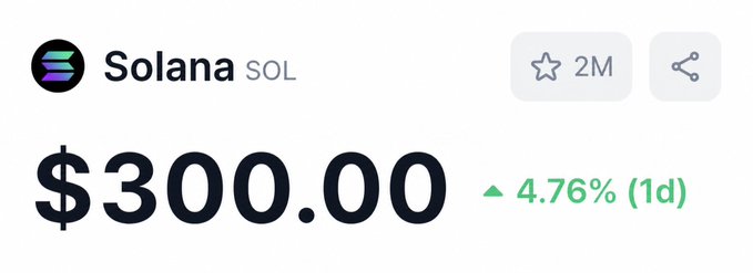 The image shows a price tracker for Solana (SOL) displaying a current price of $300.00, up 4.76% over 1 day, with 2M watchlist followers. This visually supports the accompanying post's claim that $SOL is reaching $300+ in December, as the chart confirms the token has hit that milestone.