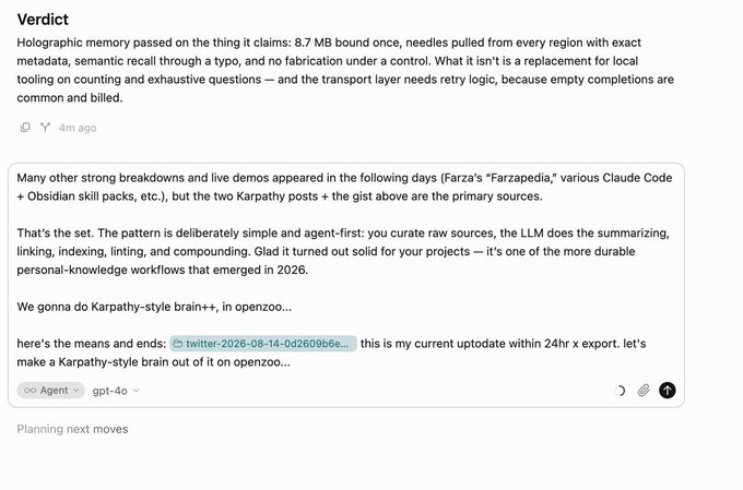 A screenshot of a webpage displaying a verdict section about holographic memory technology, followed by discussion about creating a "Karpathy-style brain++" using OpenZoo tools, with an embedded code block referencing a Twitter link and an agent using "gpt-4o" model. The accompanying post context about the 18.86gb test and $TOKEN appears related to the openzoo project workflow shown in the image's code block.