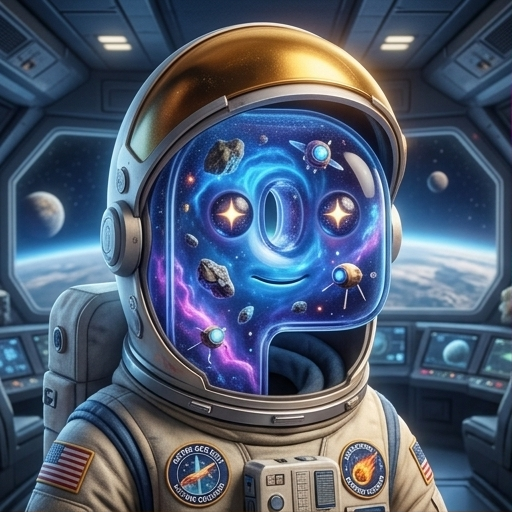 A digital illustration of an astronaut inside a spacecraft cockpit, featuring a helmet visor that reflects a colorful cosmic scene filled with stars, planets, and asteroids.