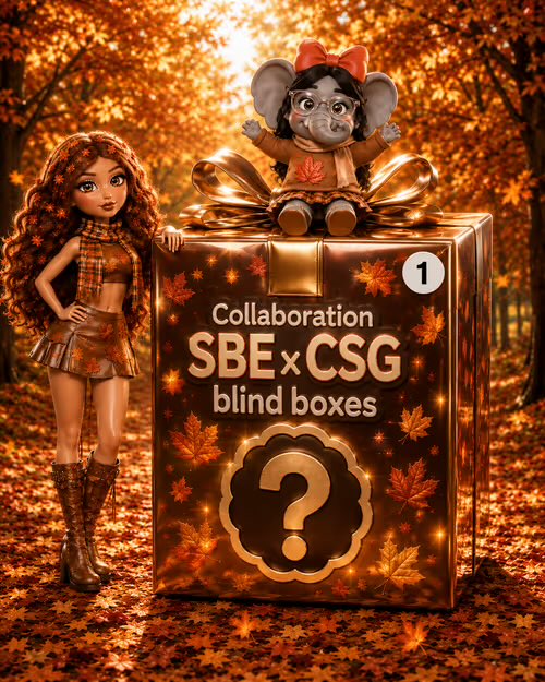 A promotional image for 'Collaboration SBE x CSG blind boxes' featuring a brown-haired doll figure standing next to a large bronze gift box with a question mark, while a small mouse-like character sits on top, set in an autumn forest scene.