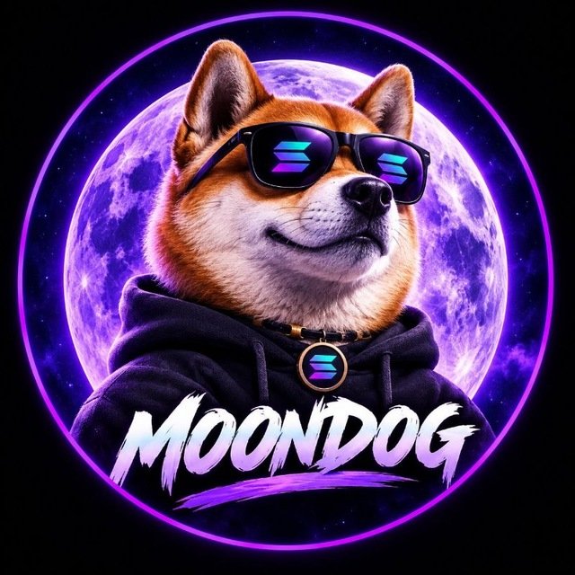 A stylized digital illustration of a Shiba Inu dog wearing sunglasses and a hoodie with Solana logos, set against a purple moon backdrop with the text 'MOONDOG' below.