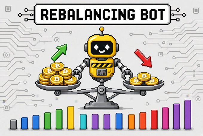 A pixel-art style graphic titled 'REBALANCING BOT' shows a yellow robot on a scale balancing stacks of Bitcoin coins, with green and red arrows and a colorful bar chart below.