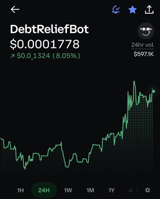 A cryptocurrency trading app screen shows 'DebtReliefBot' priced at $0.0001778 with a 24hr volume of $597.1K and a green 24-hour upward trend chart.