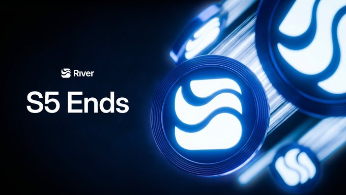 A promotional graphic on a black background displays 'River' and 'S5 Ends' alongside blue glowing 3D coin-like tokens bearing the S-shaped River logo.