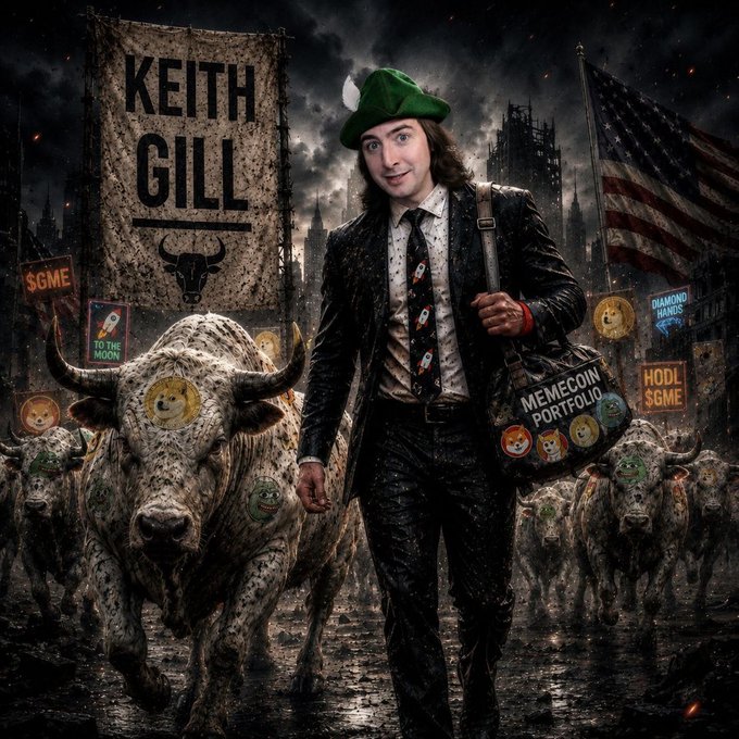A digital artwork shows Keith Gill, wearing a green beret and a "MEMECOIN PORTFOLIO" bag, walking confidently alongside a herd of bullocks, with a banner displaying "KEITH GILL" and crypto-related signs like "$GME," "HODL $GME," and "TO THE MOON" in a dark, fiery backdrop—visually embodying the post's message of fearless bullish momentum for $KEITHGILL.