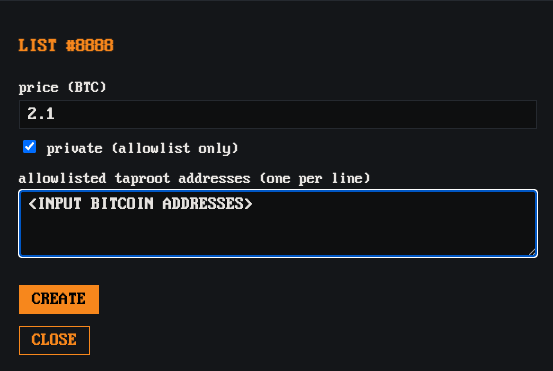 A "LIST #8888" form on nodemonkes.com shows a private listing setup with a price of 2.1 BTC, allowing the seller to restrict buyers by inputting allowed taproot Bitcoin addresses. This demonstrates the platform's peer-to-peer trading feature, enabling sellers to whitelist specific buyer addresses and trade directly without a middleman.