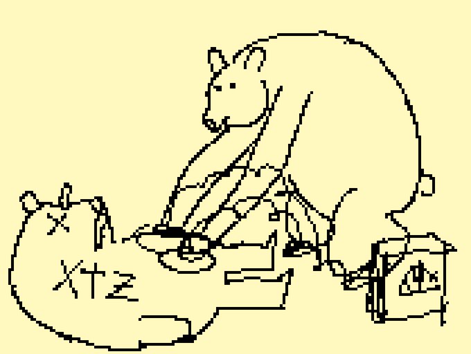 A simple line drawing of a hamster or mouse operating a mechanical device, with mathematical symbols 'X', 'X+2', and a triangle symbol visible on the machinery.