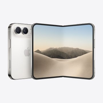 A product image showing an iPhone with a clear case next to a foldable device displaying a desert sand dune wallpaper on its flexible screen.