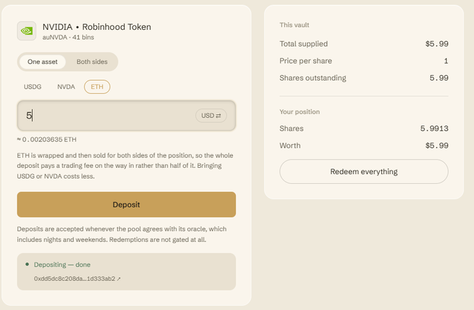 A user interface for the NVIDIA · Robinhood Token (auNVDA) vault on a crypto platform, showing an ETH deposit of 0.00203635 ETH with status 'Depositing — done' and shares worth $5.99.