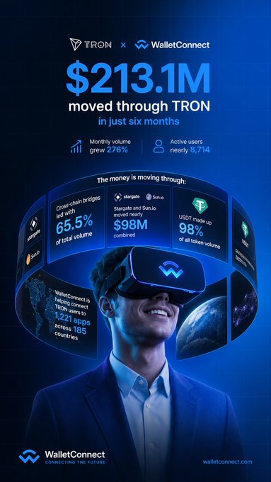 An infographic for TRON x WalletConnect stating '$213.1M moved through TRON in just six months,' with monthly volume growth of 276% and nearly 8,714 active users, highlighting cross-chain bridges and WalletConnect integration.