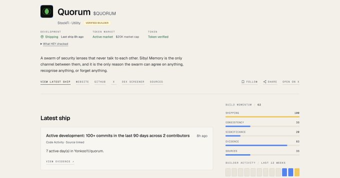 A screenshot of a StacksR-Utility page for Quorum ($QUORUM), described as 'A swarm of security lenses that never talk to each other. Sibyl Memory is the only channel between them,' showing token market stats and a 'Latest ship' section.