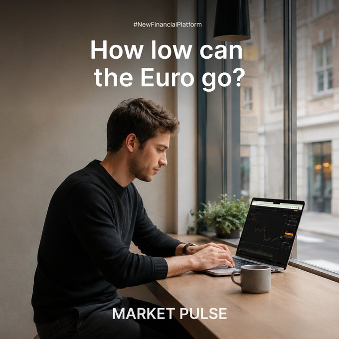 A man works on a laptop displaying a forex chart at a window-side desk, with the headline "How low can the Euro go?" and "MARKET PULSE" branding. The #NewFinancialPlatform tag and accompanying post tie the scene to analysis of EURUSD dropping to new weekly lows amid oil price surges and ECB rate hikes.