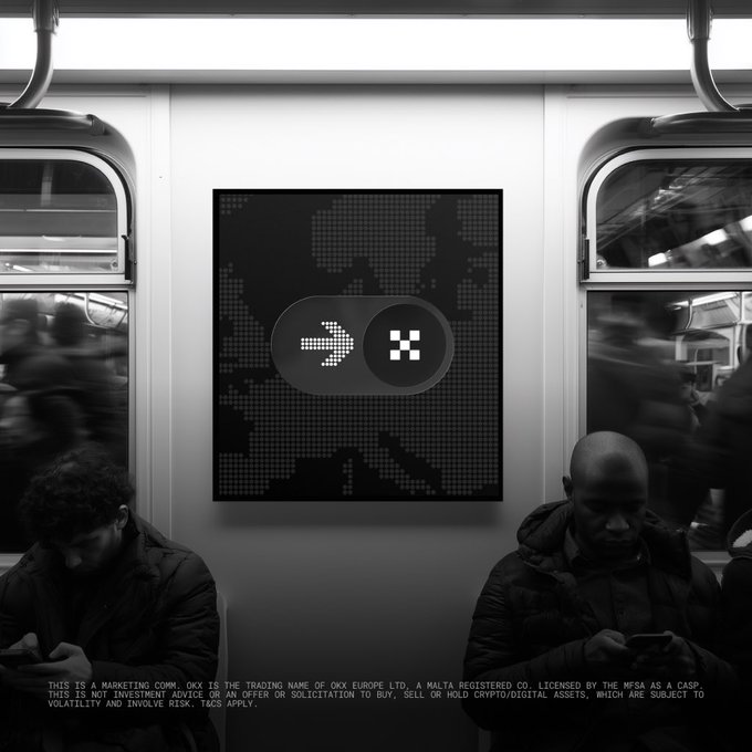 Inside a subway car, a billboard displays the OKX logo next to an arrow icon, with the disclaimer "OKX IS THE TRADING NAME OF OKX EUROPE LTD., A MALTA REGISTERED CO., LICENSED BY THE MFSA AS A CASP," reinforcing the post's message that OKX is fully licensed under the MiCA framework ahead of the EU's July 1 transition deadline.
